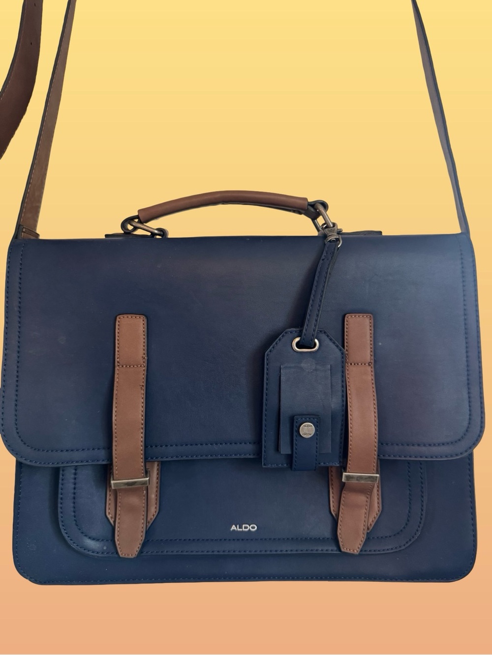 Aldo Navy and Brown Leather Briefcase Messenger